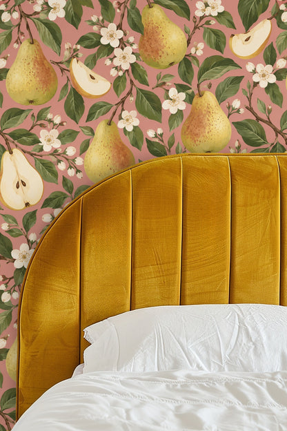 Detail of green leaves and brown branches in pear wallpaper pattern.