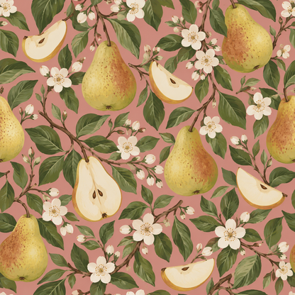 Artistic depiction of pears with subtle texture on warm pink background.