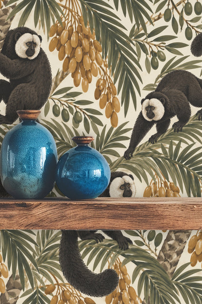 Tail of a saki monkey curling among olive green and golden palm branches