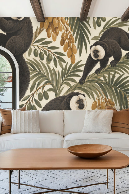 Bedroom with Palm Saki Acrobat wallpaper behind green bed frame featuring saki monkeys and palm leaves