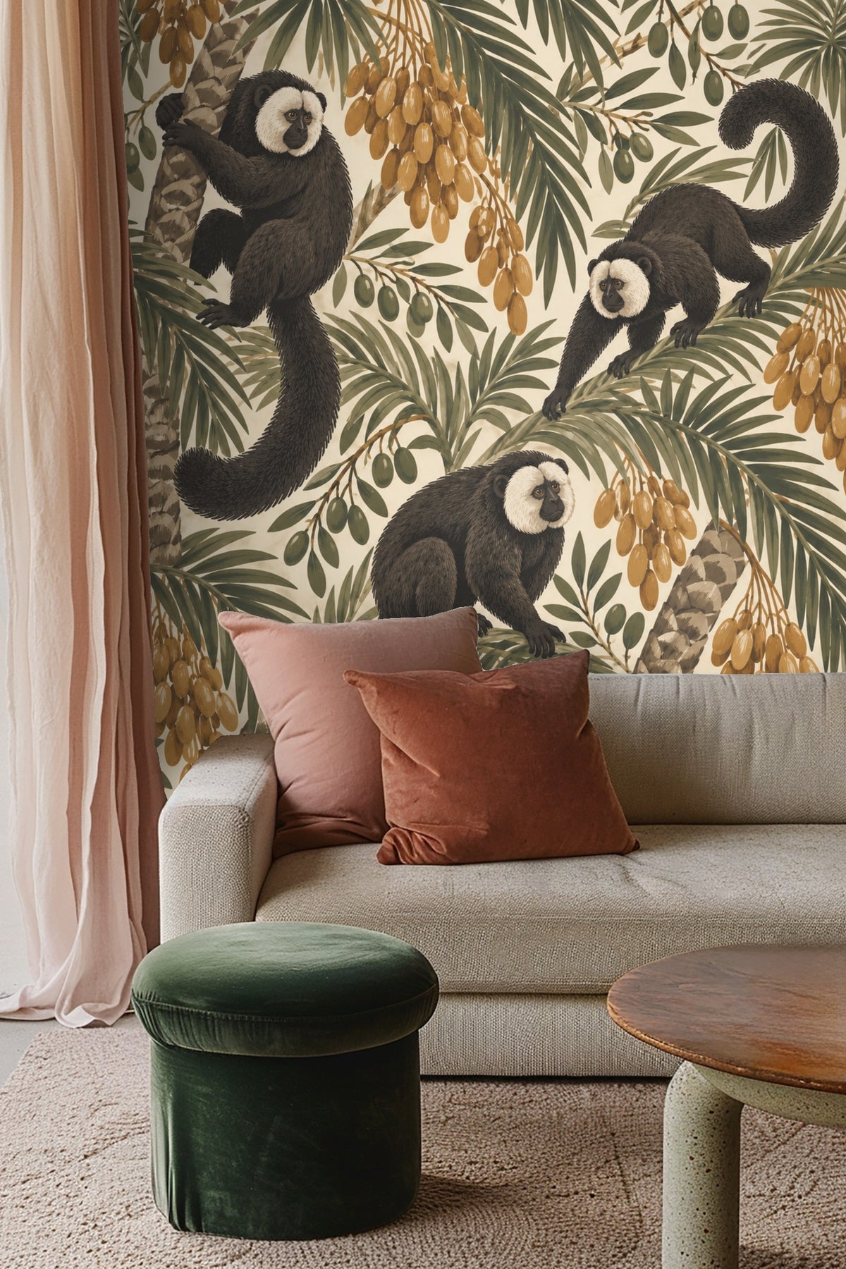 Green bed with green pillow against tropical themed saki wallpaper