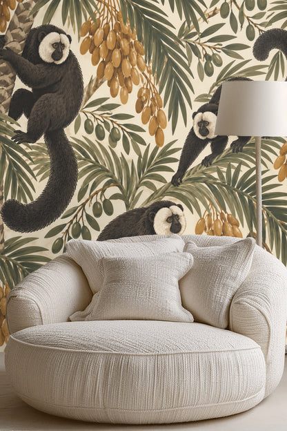 Pattern repeat showing varied poses of saki monkeys on palm trees