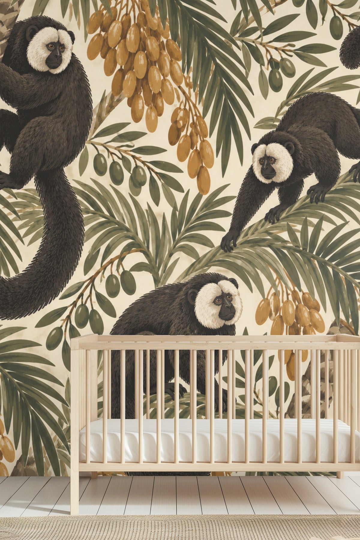 Saki monkeys' facial expressions with soft shadows on light wallpaper