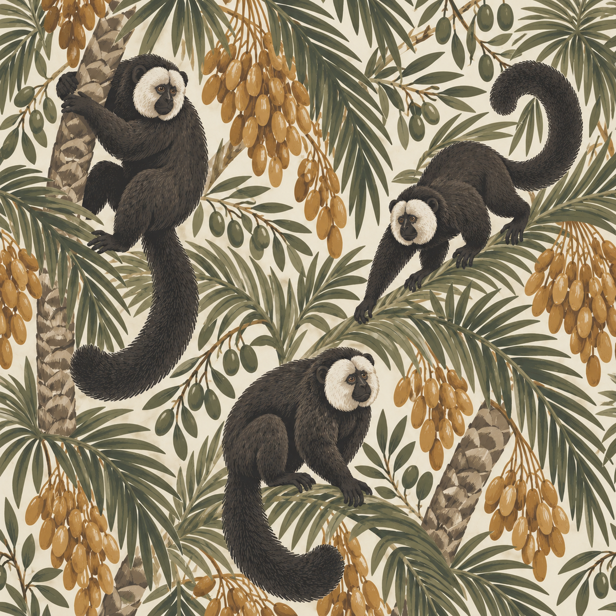 Vegetative backdrop with overlapping palm leaves and palm clusters in wallpaper
