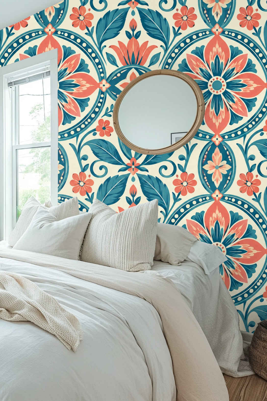 Full wall view in bedroom highlighting scale of wallpaper pattern