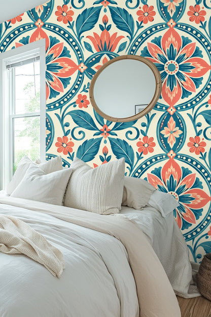 Full wall view in bedroom highlighting scale of wallpaper pattern