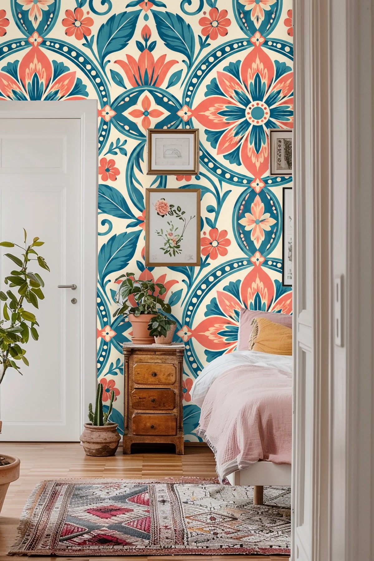 Coral large floral medallion surrounded by teal leaf clusters