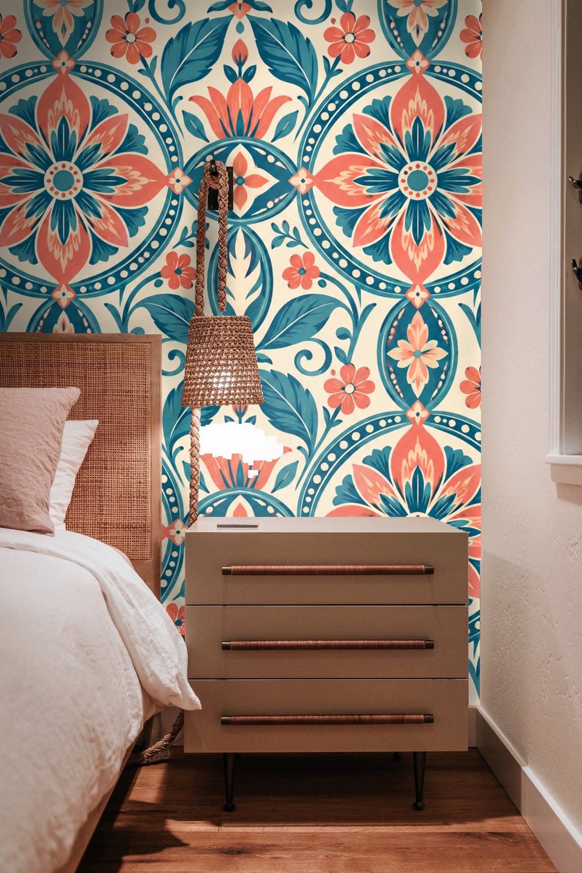 Coral and teal leaves and floral details in wallpaper design