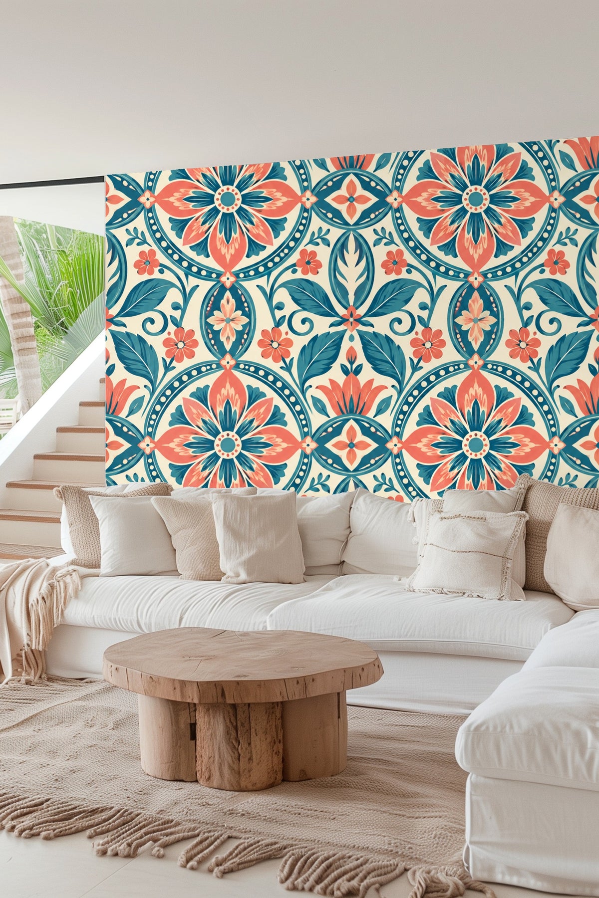 Living room corner with circular art frame complementing wallpaper