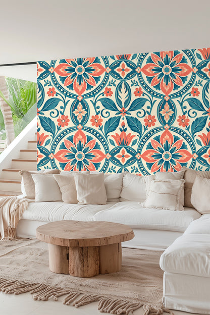Living room corner with circular art frame complementing wallpaper