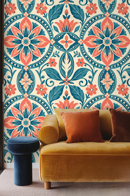 Textured green sofa with round pillow and coral stool in front of wallpaper