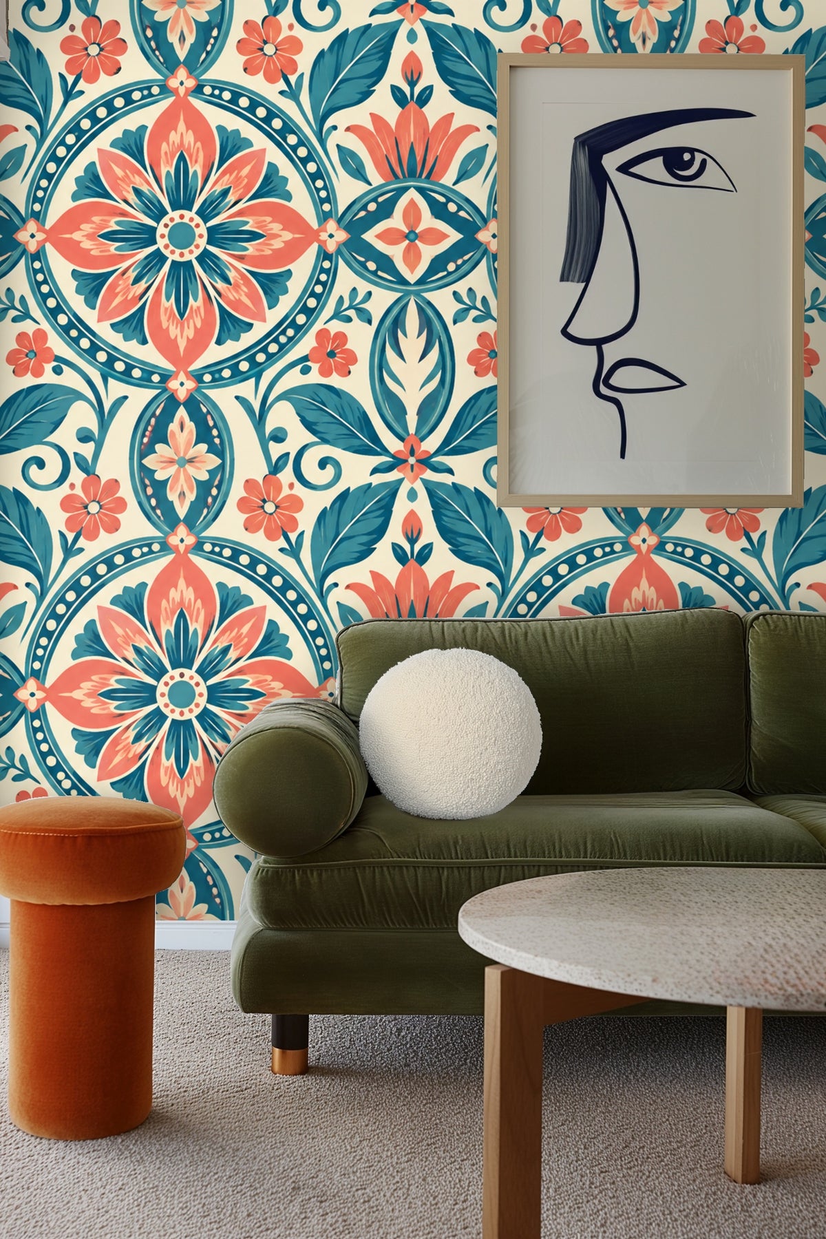 Bedroom wall with coral peach headboard and Petal Rondo wallpaper behind it