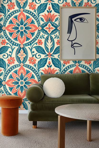 Bedroom wall with coral peach headboard and Petal Rondo wallpaper behind it