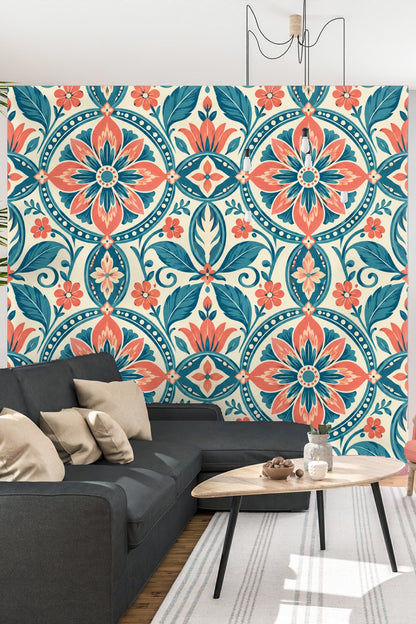 Pattern repeat detail emphasizing circular floral motifs in coral and teal
