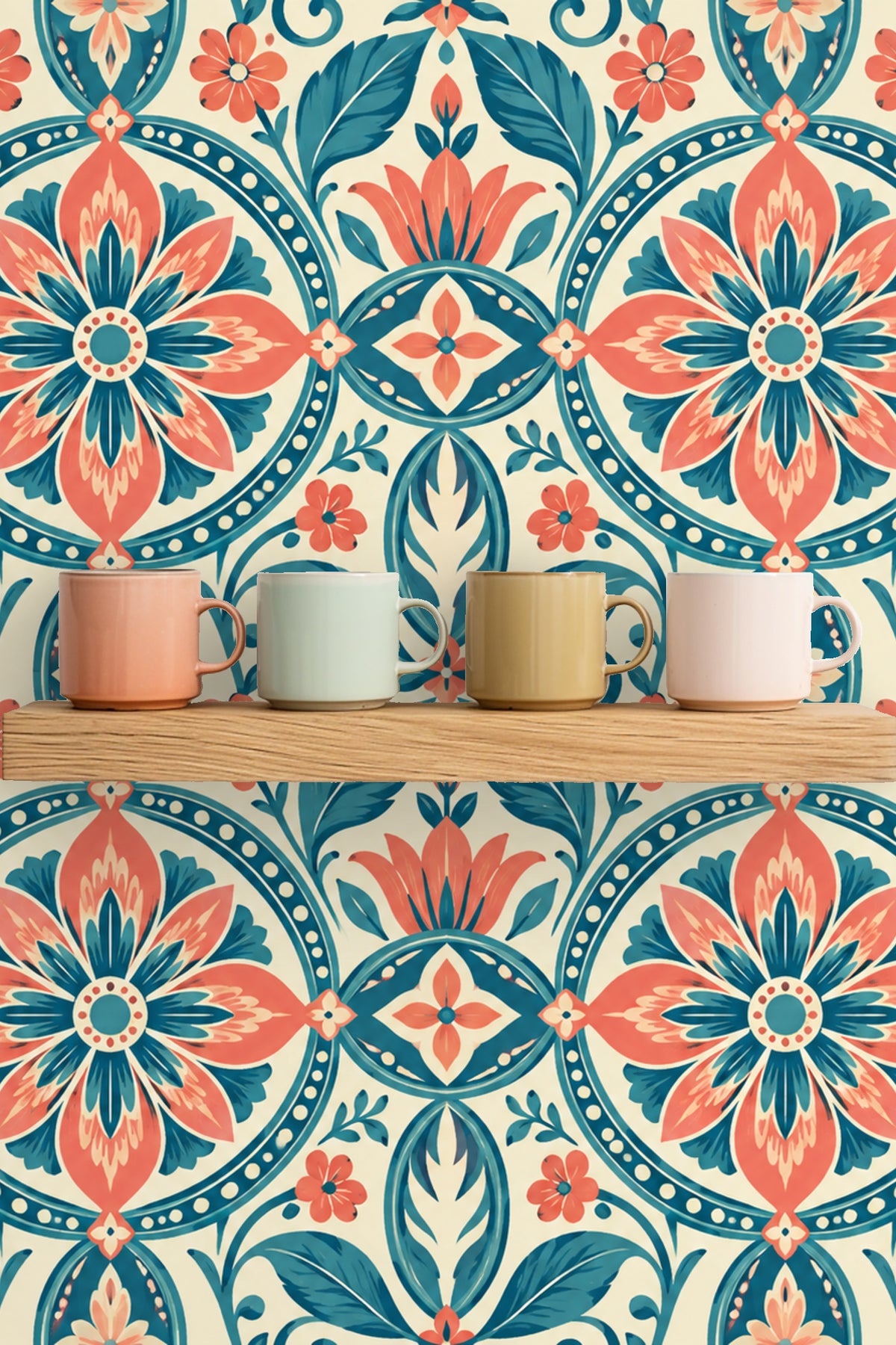 Living room with olive sofa and coral stool against Petal Rondo wallpaper