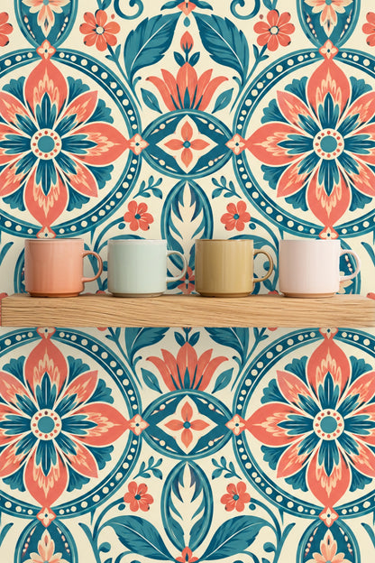 Living room with olive sofa and coral stool against Petal Rondo wallpaper