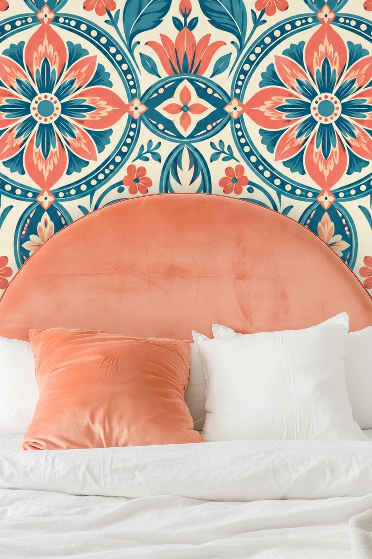 Close-up of wallpaper showing coral and teal floral medallions in circular patterns