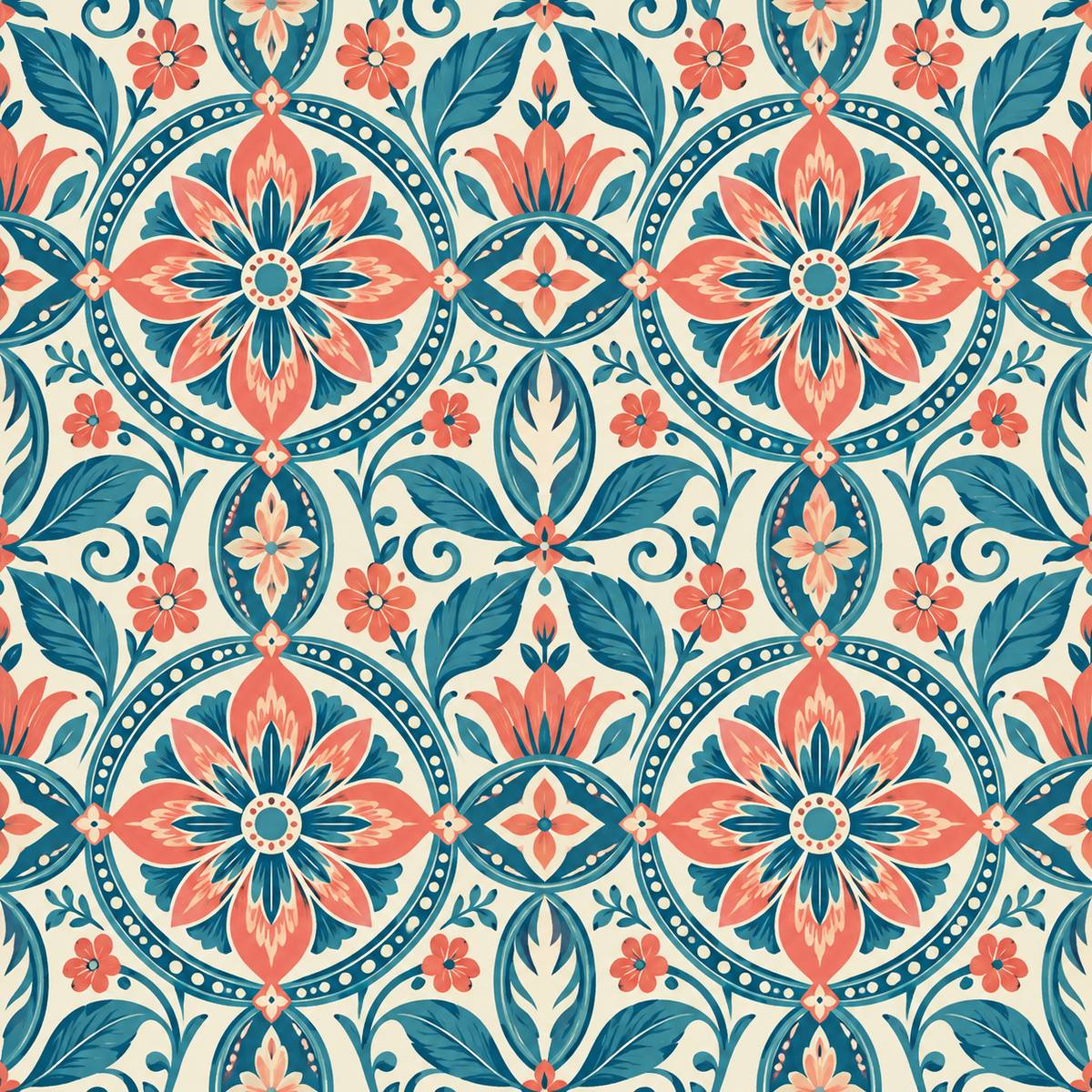 Patterned wallpaper swatch showing vibrant coral and teal botanical motifs