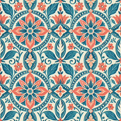 Patterned wallpaper swatch showing vibrant coral and teal botanical motifs
