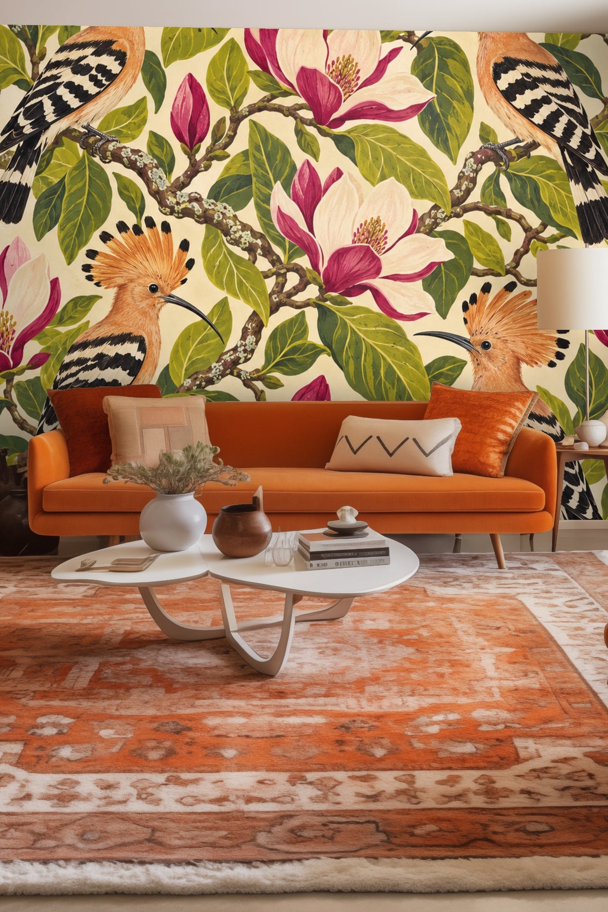 Pattern repeat featuring four hoopoes in symmetrical composition surrounded by magnolia flowers and leaves.