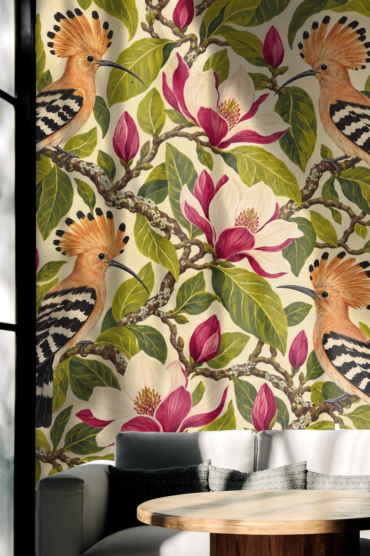 Vivid wallpaper pattern featuring crested hoopoe birds perched on magnolia branches with pink and white flowers and lush green leaves.