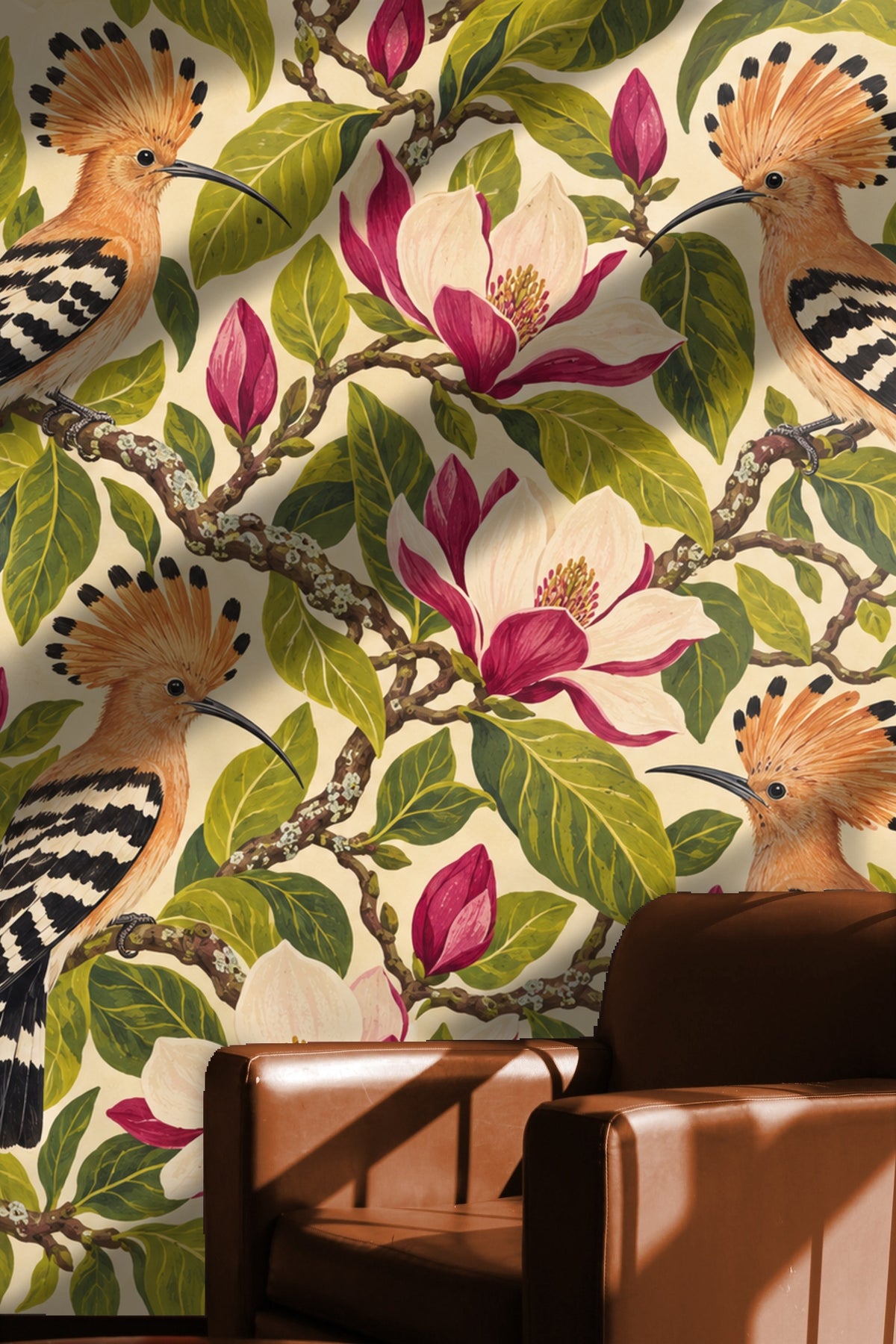 Detailed view of vibrant pink magnolia flowers with green leaves on a light background in wallpaper pattern.