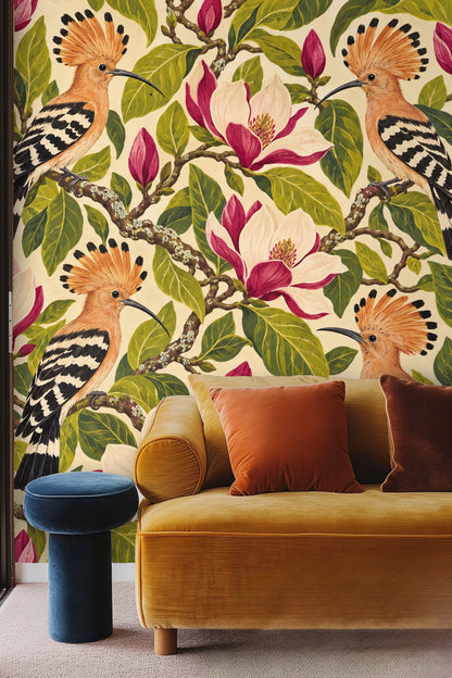 Artistic rendering of hoopoe birds with distinctive black-tipped crests on wallpaper surface.