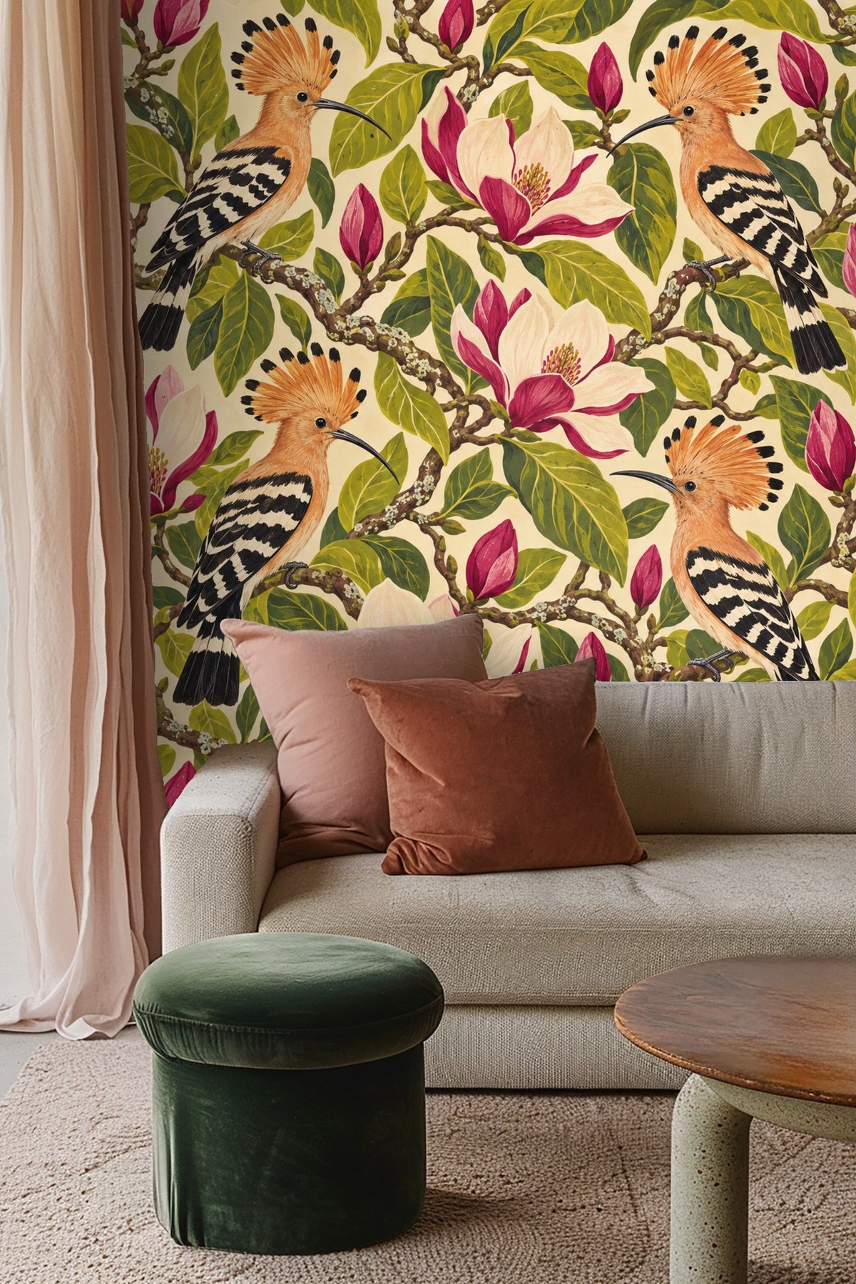 Arrangement of wallpaper swatches on tabletop with cup, showing scale relations and readable motifs.