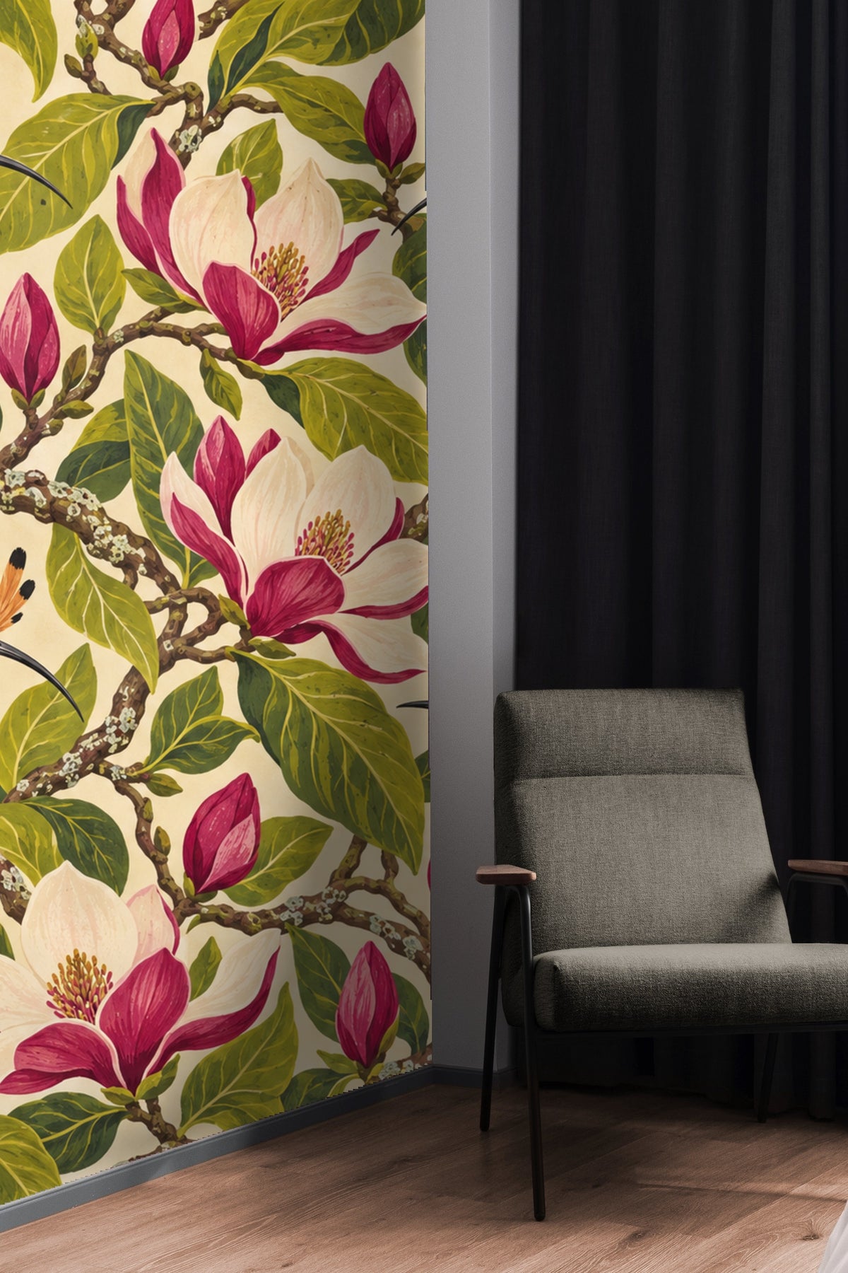 Portion of the wallpaper showing a hoopoe bird with raised crest and detailed plumage among magnolia branches.