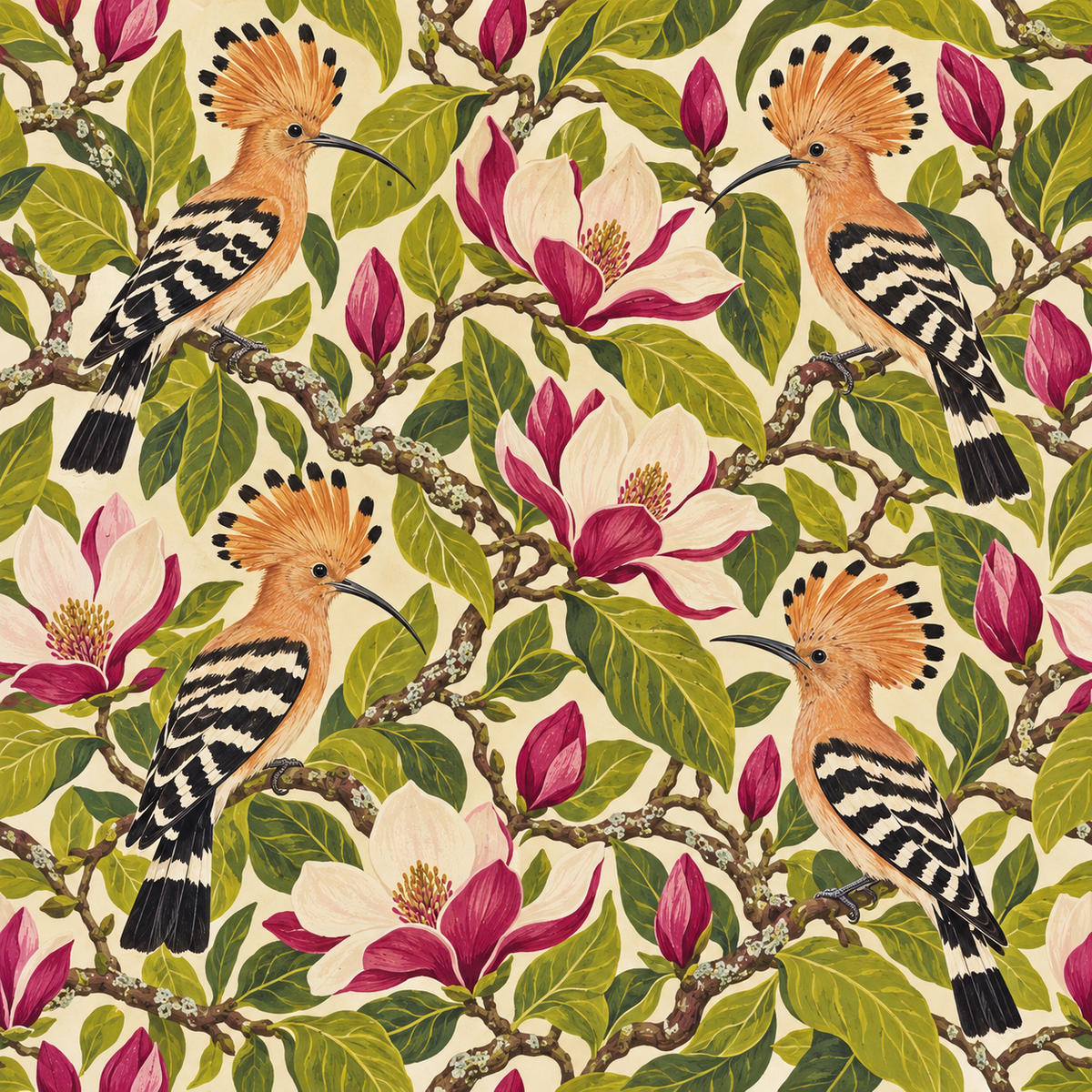 Overall wallpaper panel laid flat illustrating full pattern repetition and charming botanical theme.