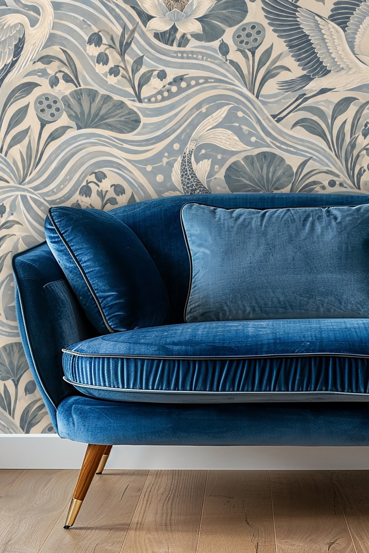 Wall covered in blue heron koi flow wallpaper behind a golden retriever resting on a bed