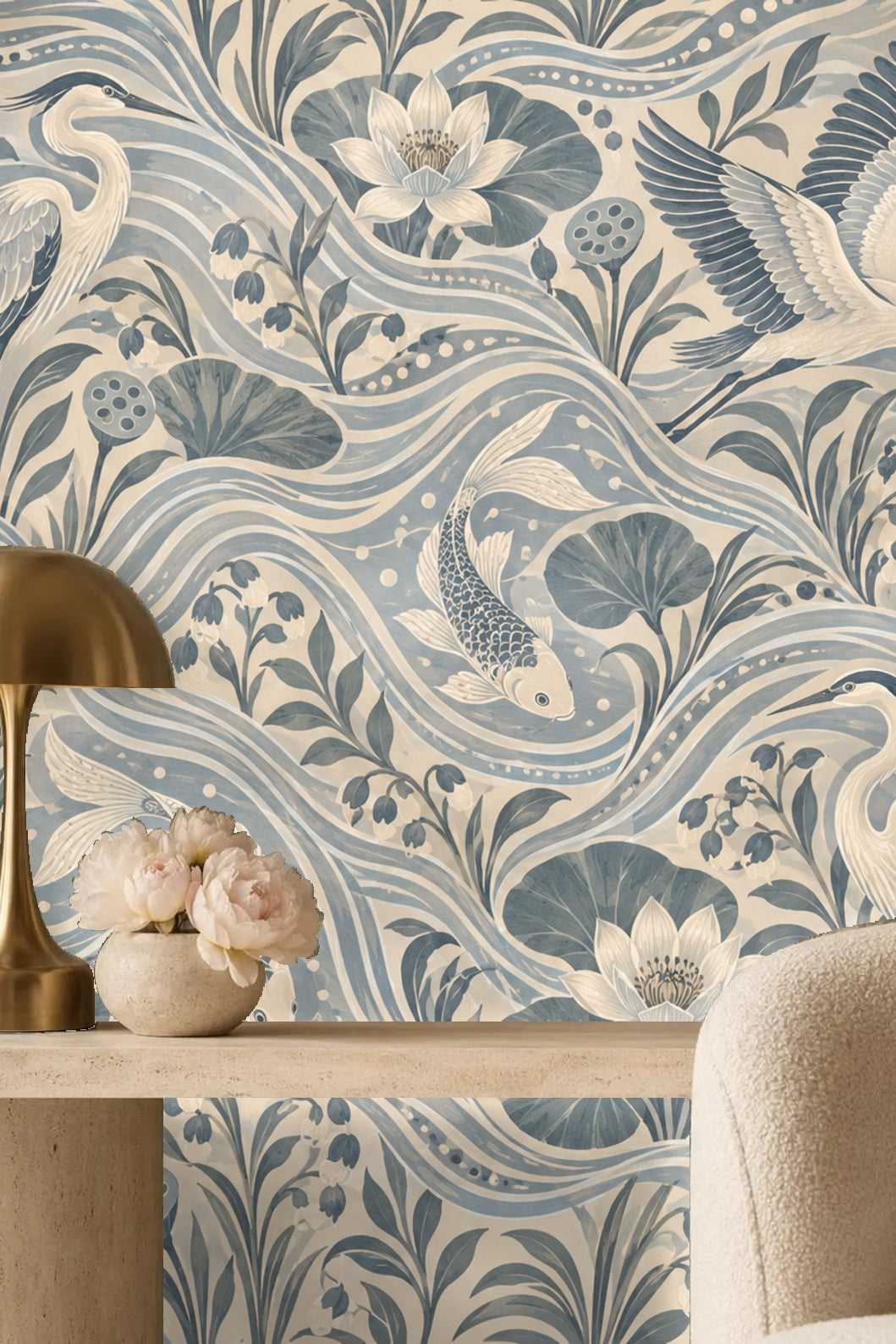 Subtle dots highlighting water streams within the wallpaper pattern