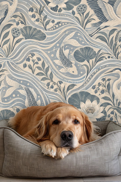 Blue and cream wallpaper with herons, koi fish, lotus and water motifs