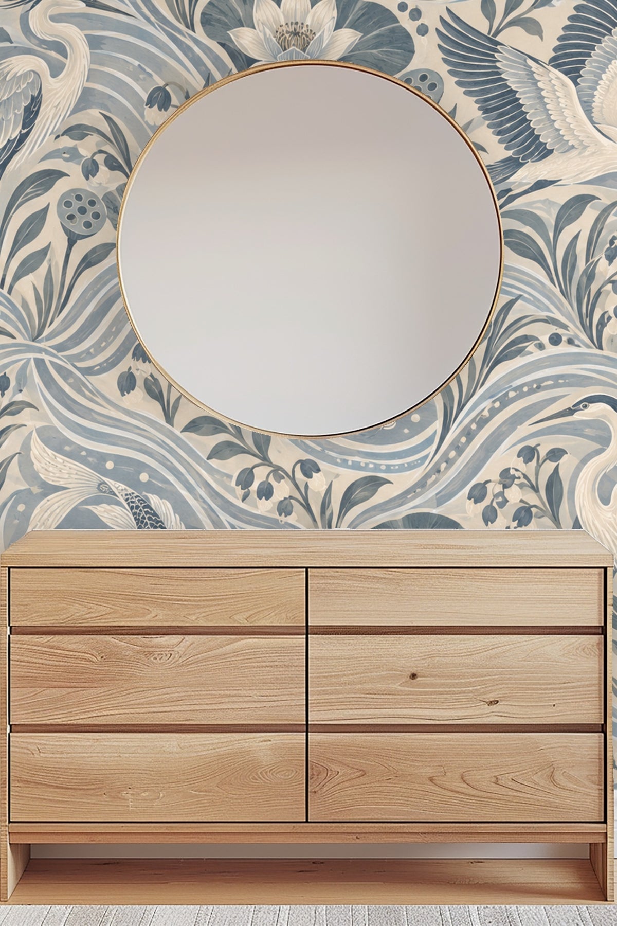 Combination of floral, fish, and birds in an Asian-inspired composition