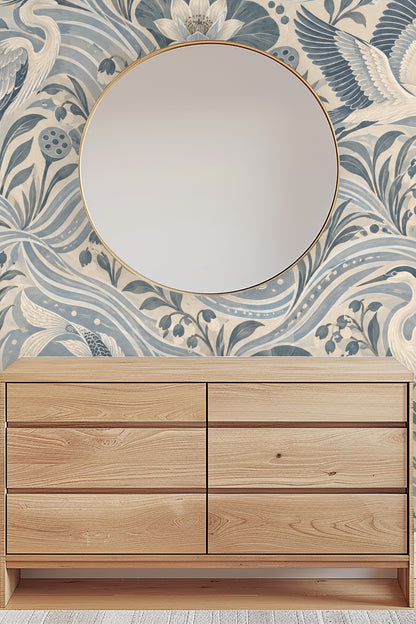 Combination of floral, fish, and birds in an Asian-inspired composition