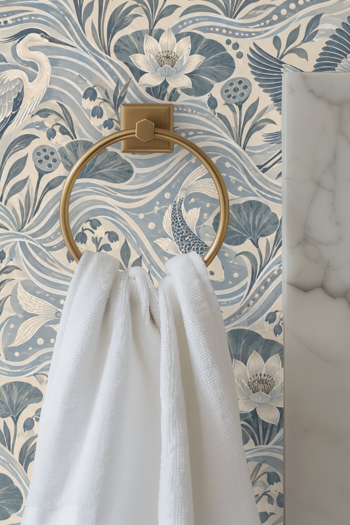 Repeating pattern of fish, lotus flowers, and herons in blue and cream hues
