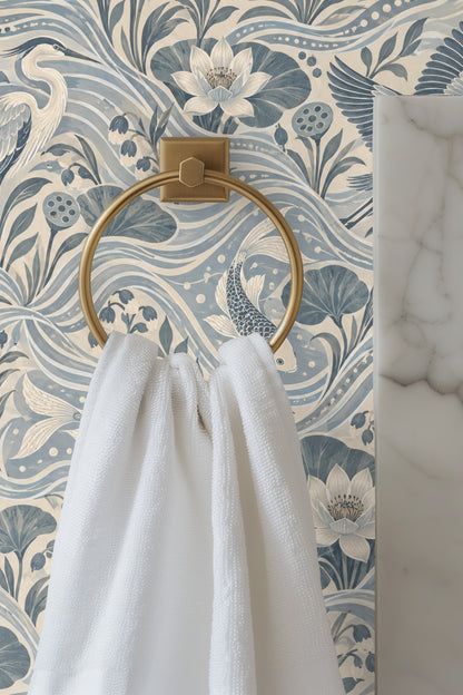Repeating pattern of fish, lotus flowers, and herons in blue and cream hues