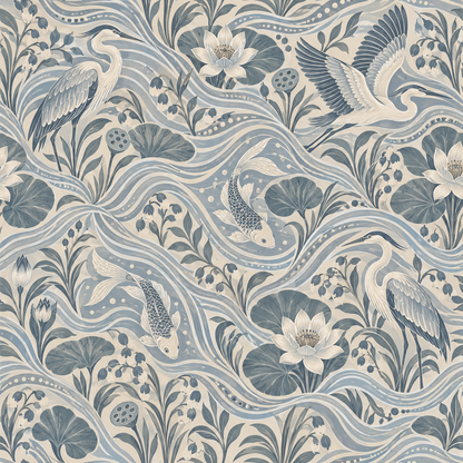 Muted beige background complementing blue-grey vegetation and creatures