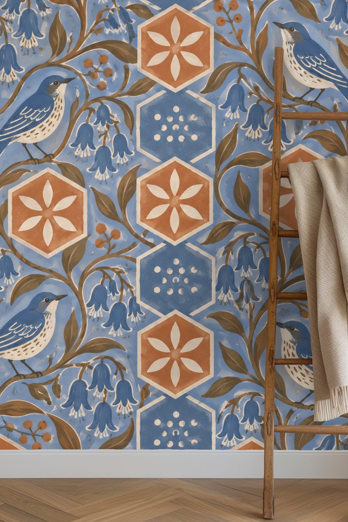 Terracotta Hex Blooms wallpaper shown in an interior setting