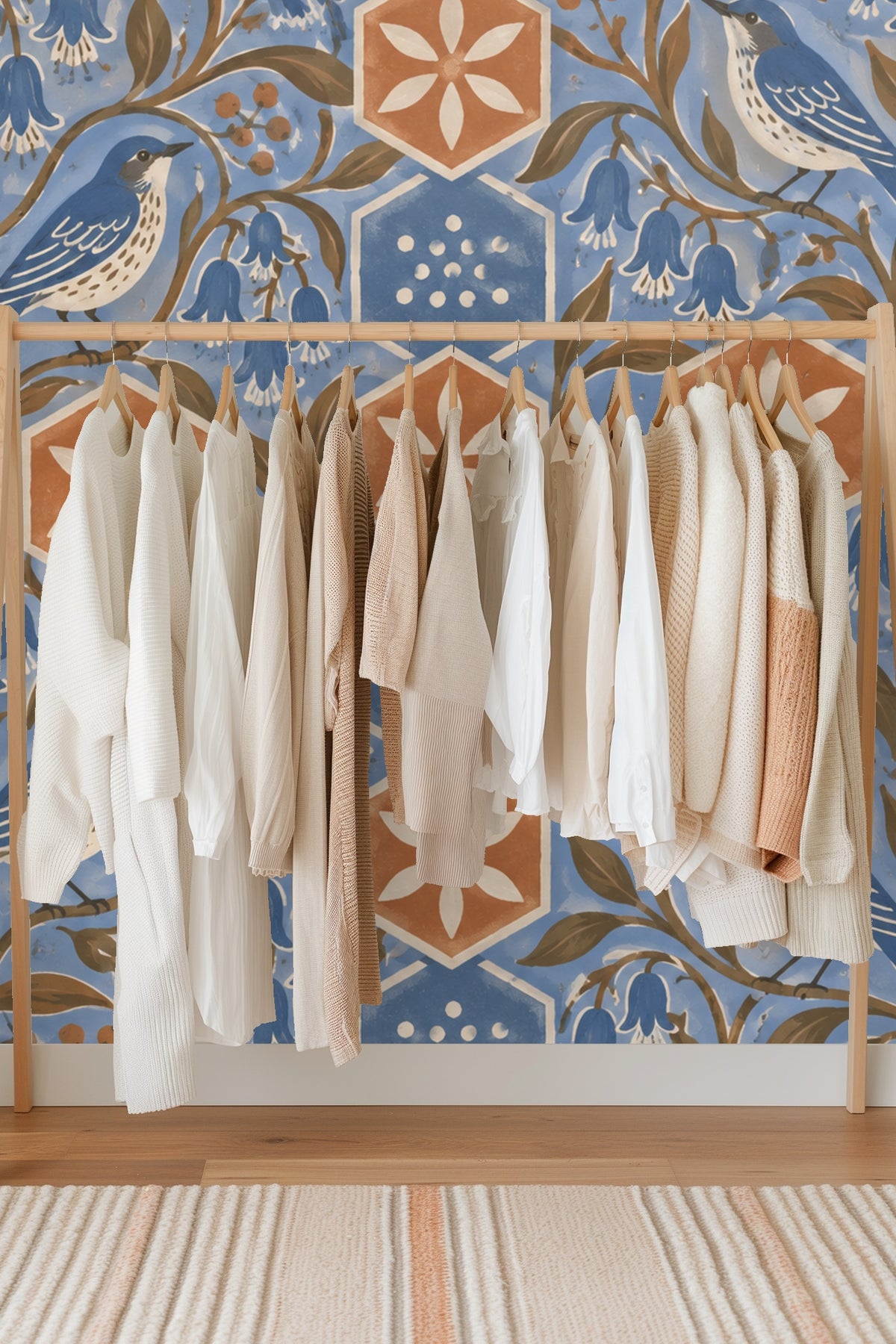 Terracotta Hex Blooms wallpaper shown in an interior setting