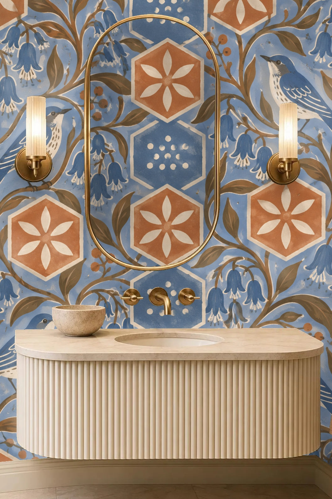 Terracotta Hex Blooms wallpaper shown in an interior setting