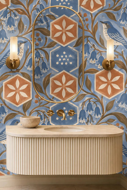 Terracotta Hex Blooms wallpaper shown in an interior setting