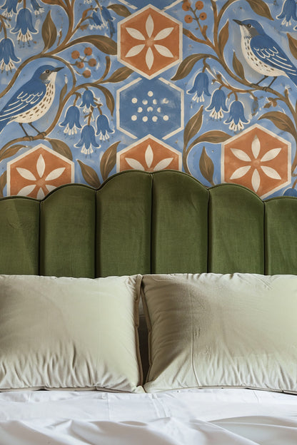 Terracotta Hex Blooms wallpaper shown in an interior setting