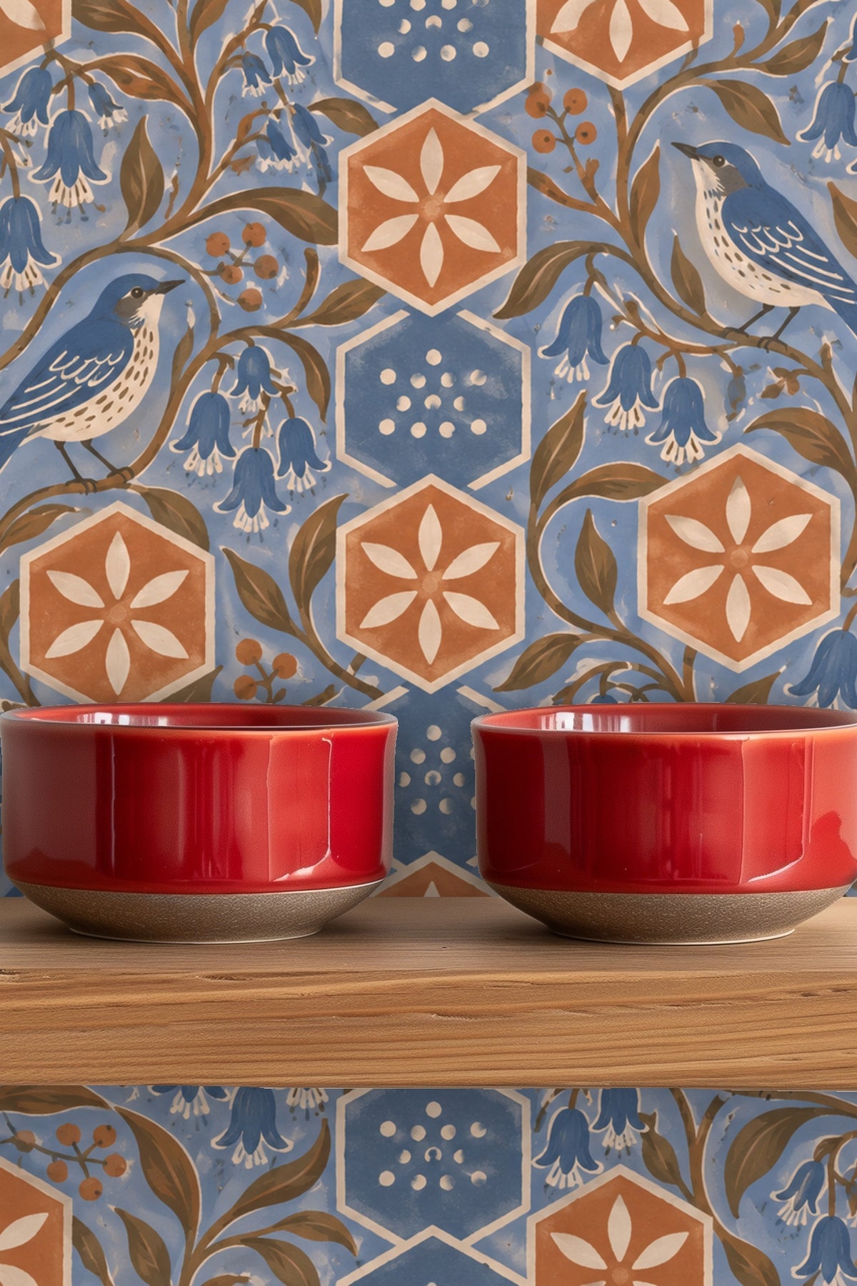 Terracotta Hex Blooms wallpaper shown in an interior setting