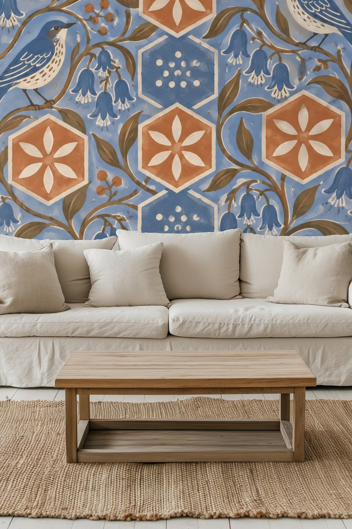 Entryway with terracotta hex blooms wallpaper behind a woven cabinet, minimalist art, and a small table lamp