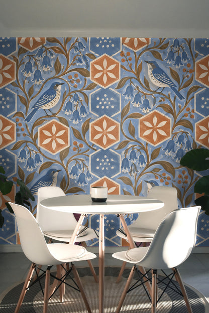 Terracotta Hex Blooms wallpaper shown in an interior setting
