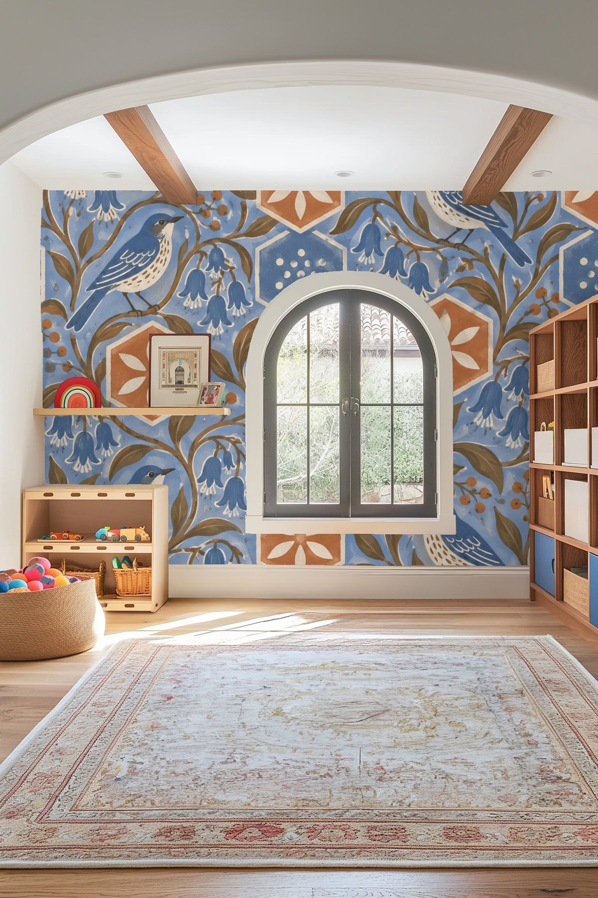Terracotta Hex Blooms wallpaper shown in an interior setting
