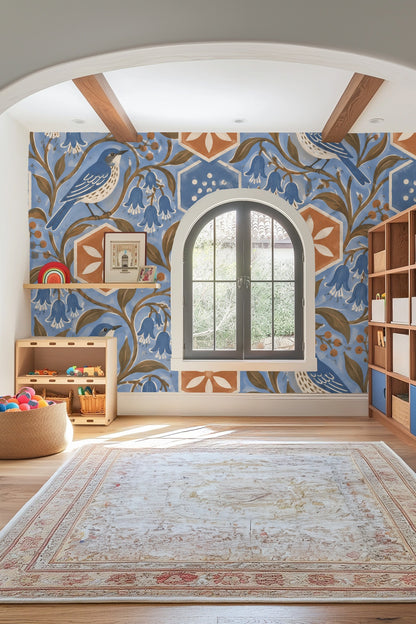 Terracotta Hex Blooms wallpaper shown in an interior setting
