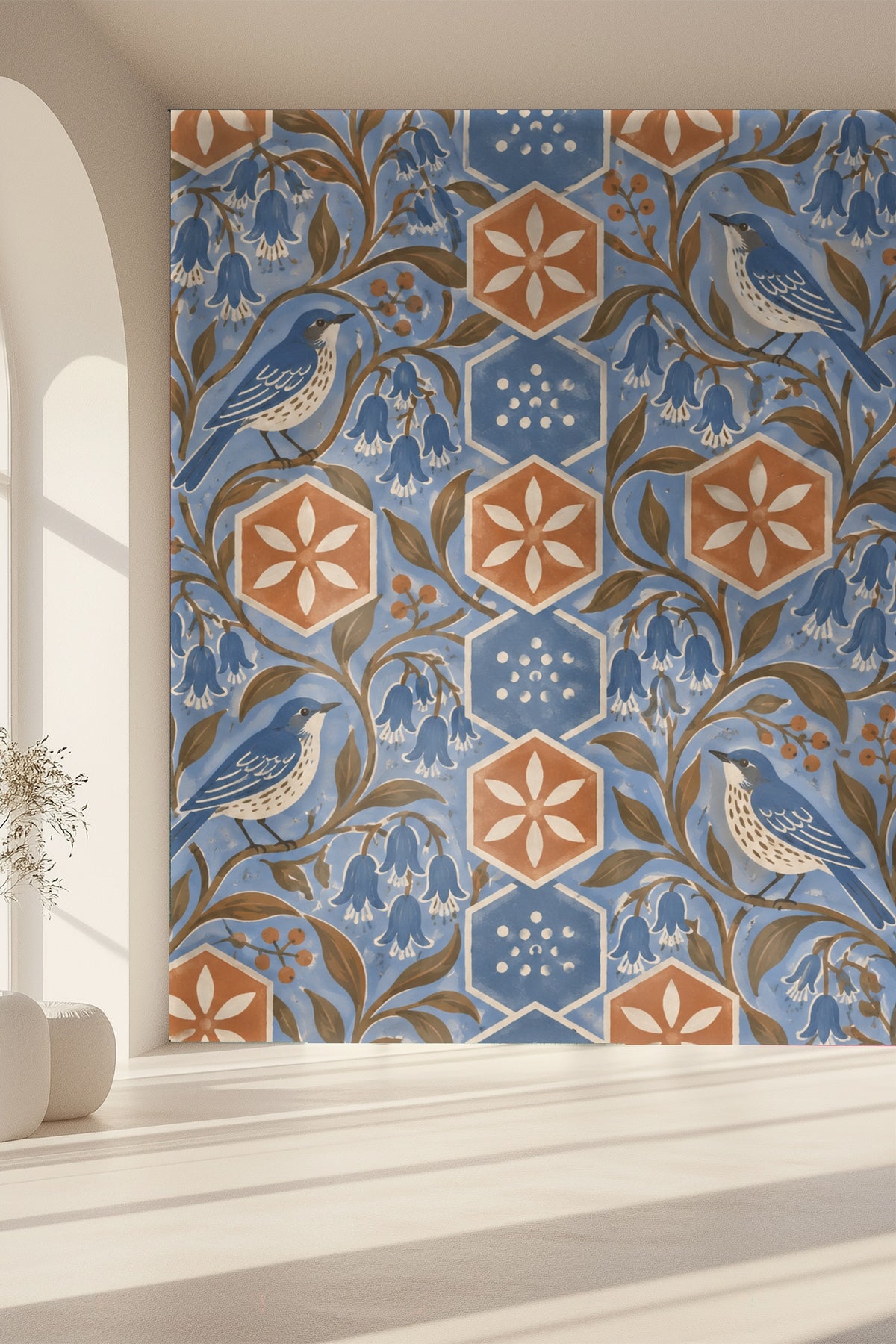 Terracotta Hex Blooms wallpaper shown in an interior setting