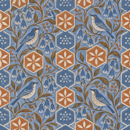 Terracotta Hex Blooms wallpaper shown in an interior setting